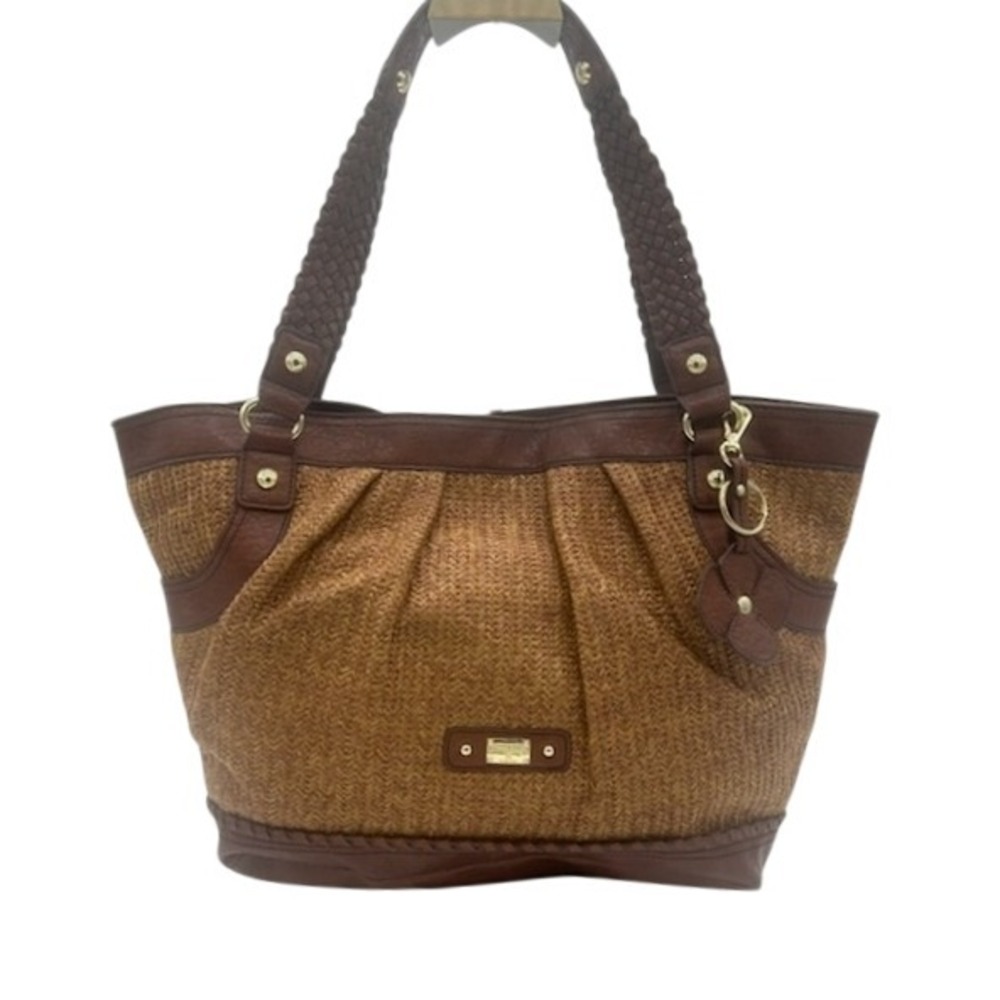 Vintage Etienne Aigner Woven Tote Bag Purse Braided Handles Brown Leather Trim